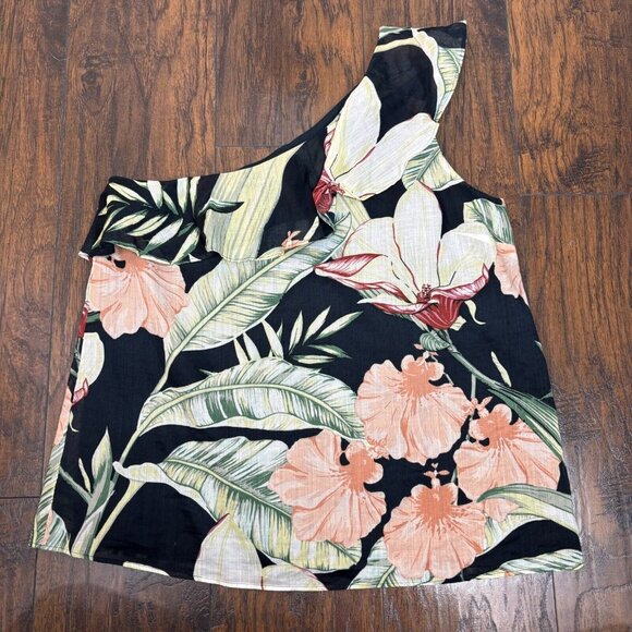 Ann Taylor Tops - Ann Taylor Top Large Navy Blue Floral One Shoulder Ruffle Sleeveless Blouse